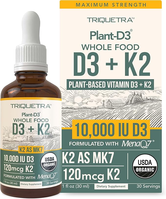 Organic Plant D3 + K2 - 10,000 iu D3 - All-Trans MK7 from MenaQ7 (120 mcg K2) - 100% Organic & Plant-Based Sublingual D3 Drops (Cholecalciferol), 100% Vegan - Supports Immunity, Bone, Mood & Brain
