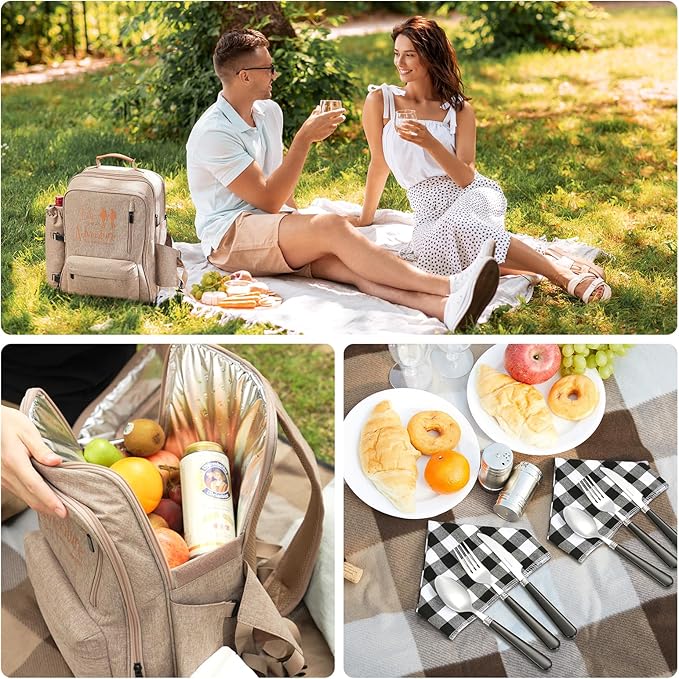 24L Insulated Picnic Basket Leak Proof Picnic Backpack for 2, Light Brown Camping Gifts, Cool Bridal Shower Gifts for Bride & Groom, Mr & Mrs, Anniversary Engagement Wedding for Newly Engaged Couples