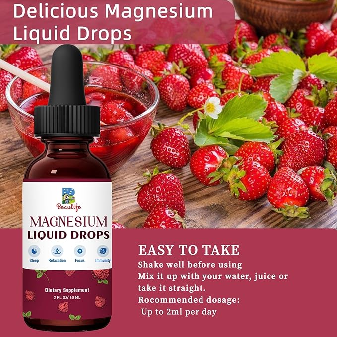 Magnesium Liquid Drop, 1000mg Magnesium Supplement，with Magnesium Glycinate & Citrate, Strawberry Flavor, Calm Mood, Sleep ，Relaxation, Immune, Heart for Adults and Kids