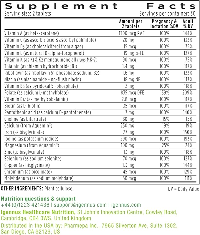 Igennus Methylated Prenatal Multivitamin for Women, Folate for MTHFR, High Absorption, Clean Label, Gentle Iron, Choline, Calcium & Magnesium, Vegan Pregnancy Vitamins, Halal, Non-GMO, 60 Tablets