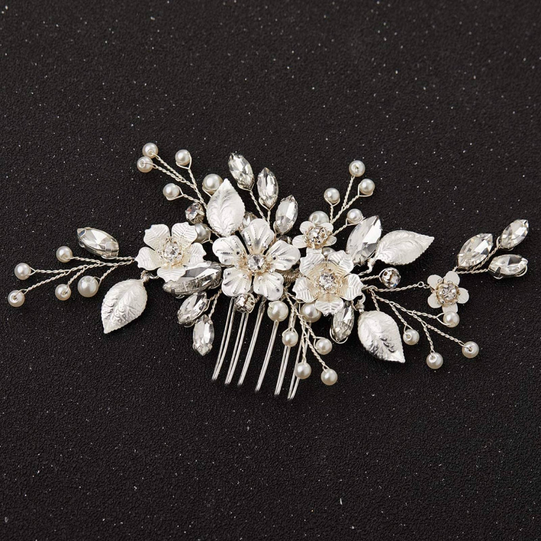 Sweetv Silver Bridal Hair Comb For Wedding Hair Accessories, Handmade With Crystals, Pearls, And Leaves, 4.72 X 2.75 Inches, For