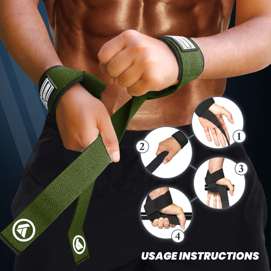 Detroy® Lifting Wrist Straps for Weightlifting, Deadlifts, Bodybuilding, Powerlifting, Gym Strength Training Workouts - Padded Neoprene with 24 inch Webbing Cotton with Silicone Grip for Men & Women (Dark Green)