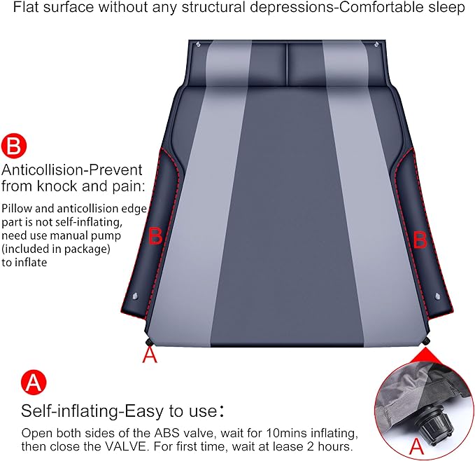 Automatic SUV air Mattress, Self Inflating Sleeping pad for car Camping or Tent Camping, Self-Inflatable Car Mattress with Inflatable Pillow Used for Minivan/SUV/Truck Back seat (Black)