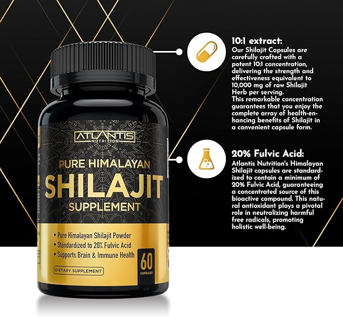 Atlantis Nutrition Himalayan Shilajit Capsules Formulated with 20% Fulvic Acid | 10:1 Extract Providing 10,000mg D.H.E. | USA Made | Himalayan Shilajit Supplement for Men & Women | 120 Capsules