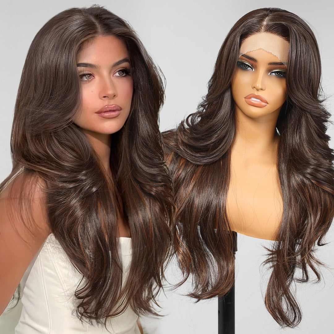 KOME Brown Synthetic Lace Front Wig,13x4 HD Lace Layered Wave Glueless Wigs for Women Daily Use 26IN