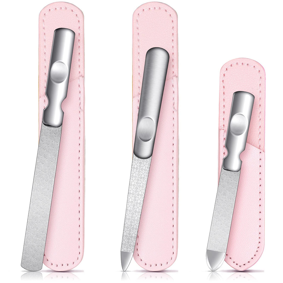 3 Pieces Stainless Steel Nail Files With Leather Case, Double Sided Metal Nail Files With Anti-Slip Handle, Metal Nail File Buff