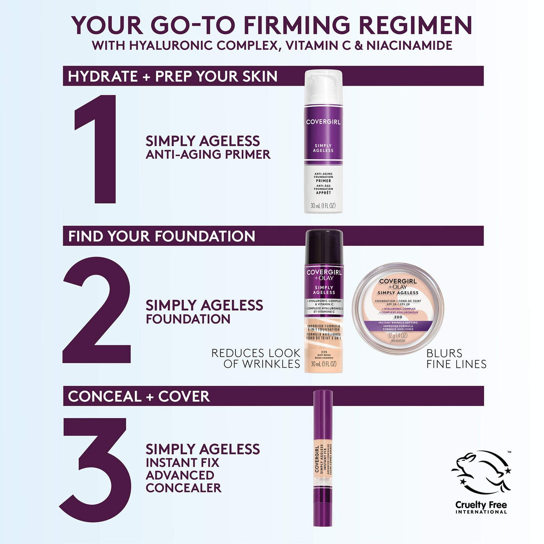 CoverGirl & Olay Simply Ageless 3-in-1 Liquid Foundation, Matte Finish, Hyaluronic & Vitamin C Formula, Cruelty Free, Toasted Almond, 1 Count