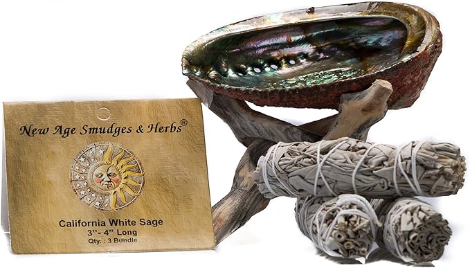 Sage Kit for Cleansing, Positive Energies, Purification, Healing, Meditation, Rituals-White Sage Sticks -4 inches (3 Pack)~Abalone Shell 5-6 inches~6 inch Tripod Stand by New Age Smudges & Herbs