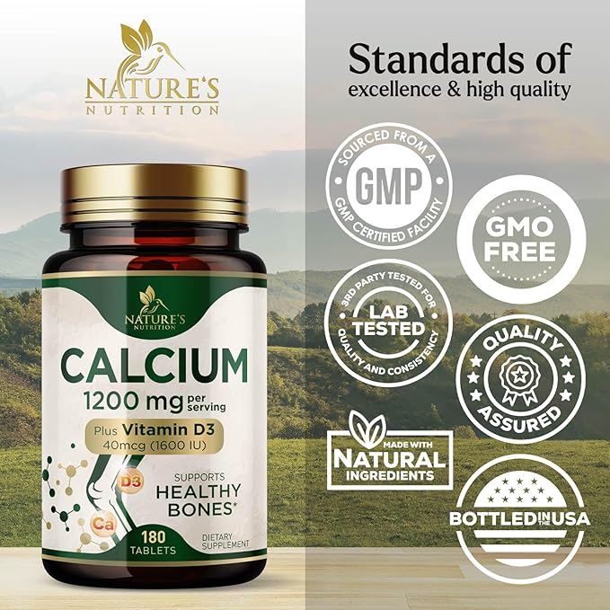 Calcium 1200 mg with Vitamin D3, Calcium Supplement Vitamins, Supports Bone Strength, Teeth & Immune System, Calcium Supplements for Women & Men, Nature's Absorbable Calcium Carbonate - 180 Tablets