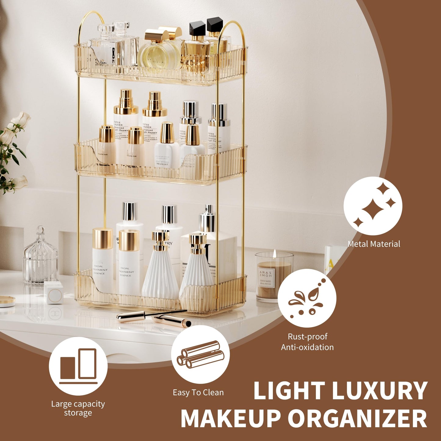 Bathroom Organiser Countertop, Vanity Trays for Bathroom, Skincare Makeup Organiser Shelf, Vanity Organiser, Bathroom Counter Shelf for Cosmetics, Toiletries, Lotions, Perfumes (3 Tiers, Amber)