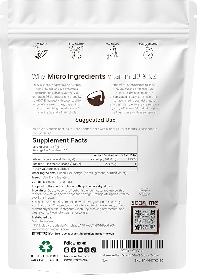 Vitamin D3 10000 iu Plus K2 (MK-7) 200 mcg, 180 Virgin Coconut Oil Softgels | 2 in 1 Vitamins D & K Complex | Supports Calcium Absorption, Bone, Immune, & Heart Health – Easy to Swallow