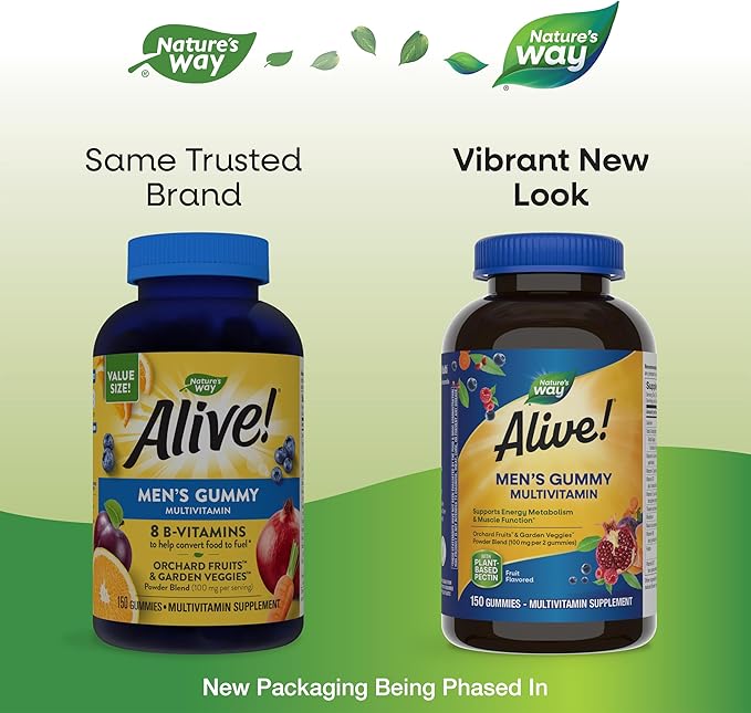 Nature's Way Alive! Men's Daily Gummy Multivitamin, Supports Energy Metabolism & Muscle Function*, B-Vitamins, Gluten-Free, Vegetarian, Fruit Flavored, 150 Gummies (Packaging May Vary)