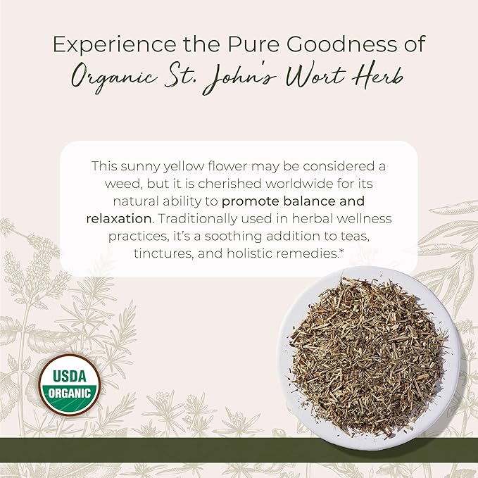 Starwest Botanicals Organic Dried St. John's Wort - Loose Leaf Herb for Tea, Made from St. John's Wort Flower, Supports Relaxation, Cut & Sifted, Certified Kosher, Non-GMO - 4 oz Pouch