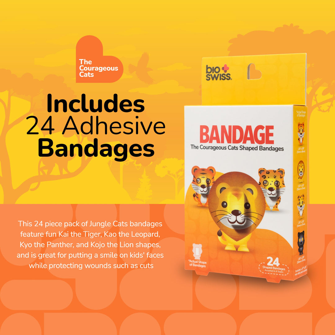BioSwiss Bandages, Courageous Cats Shaped Self Adhesive Bandage, Latex Free Sterile Wound Care, Fun First Aid Kit Supplies for Kids and Adults, 24 Count