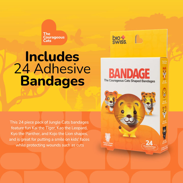 BioSwiss Bandages, Courageous Cats Shaped Self Adhesive Bandage, Latex Free Sterile Wound Care, Fun First Aid Kit Supplies for Kids and Adults, 24 Count
