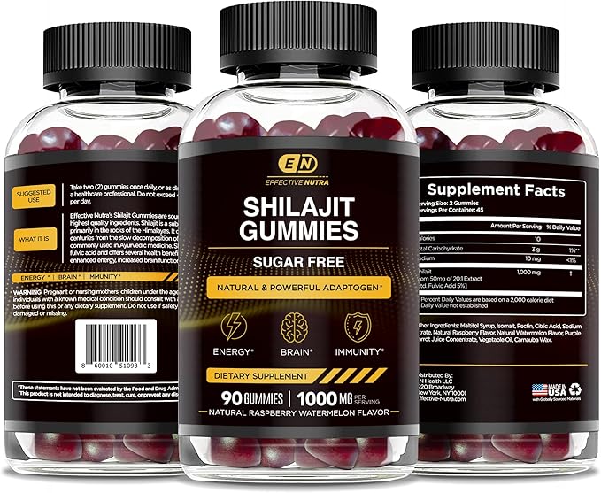 Shilajit Gummies 1000mg | Pure Shilajit Resin for Energy, Brain & Immunity | Supplement for Men & Women | Sugar-Free, Vegan, Gluten-Free | Natural Berry Flavor, Made in USA (90ct)