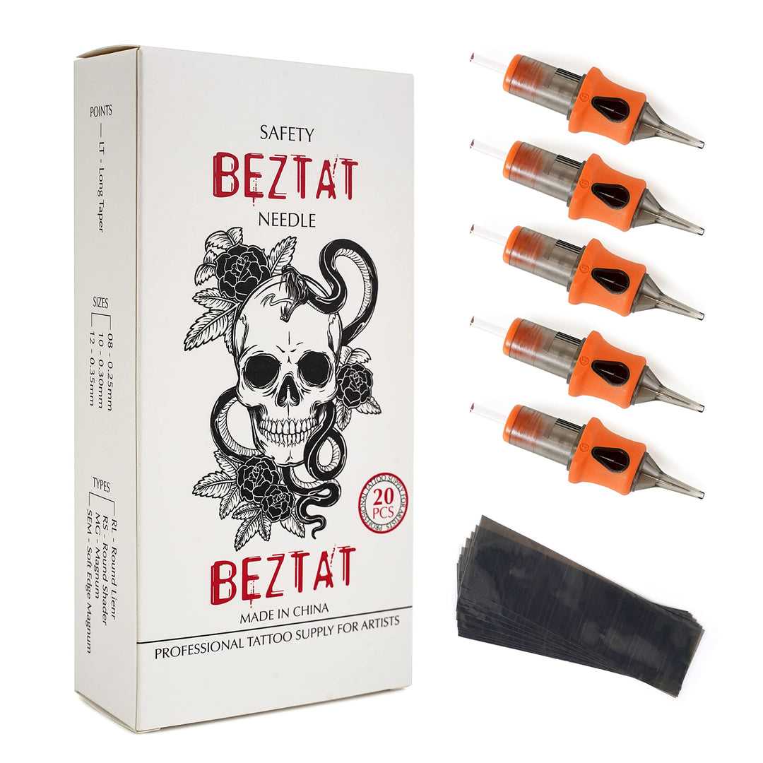 BEZTAT Ultra Premium Professional Tattoo Needles Cartridge w/Grip & Machine Covers Sleeves #10 Bugpin Round Liner 20 Pack (1018RL)