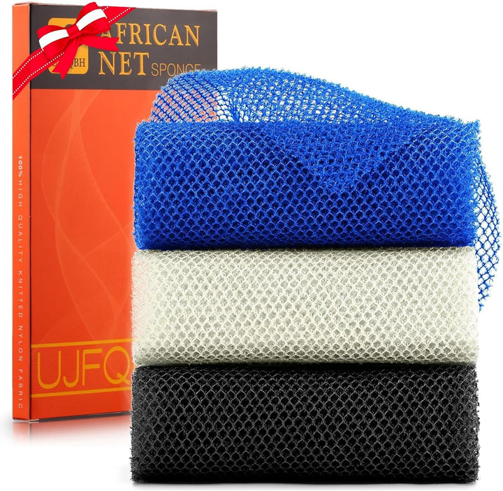 3-Piece African Net Bath Sponge Set | Exfoliating Shower Scrubber | Black, Blue, Brown