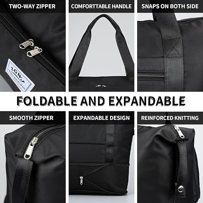 Expandable Travel Duffel Tote Bag - Foldable Overnight Weekender, Carry-On, Swim & Gym Bag - Fits Spirit Airlines Personal Item Size - Lightweight, Waterproof & Durable with Trolley Sleeve,Black