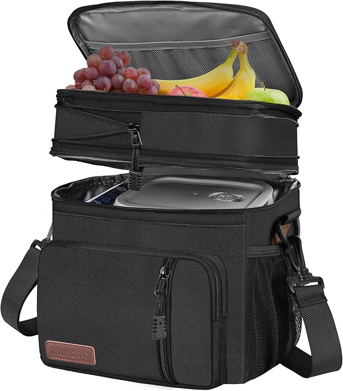 MIYCOO Lunch Bag & Lunch Box for Men Women Double Deck - Leakproof Insulated Soft Large Adult Lunch Cooler Bag for Work, (Black Zipper Pull, 15L)