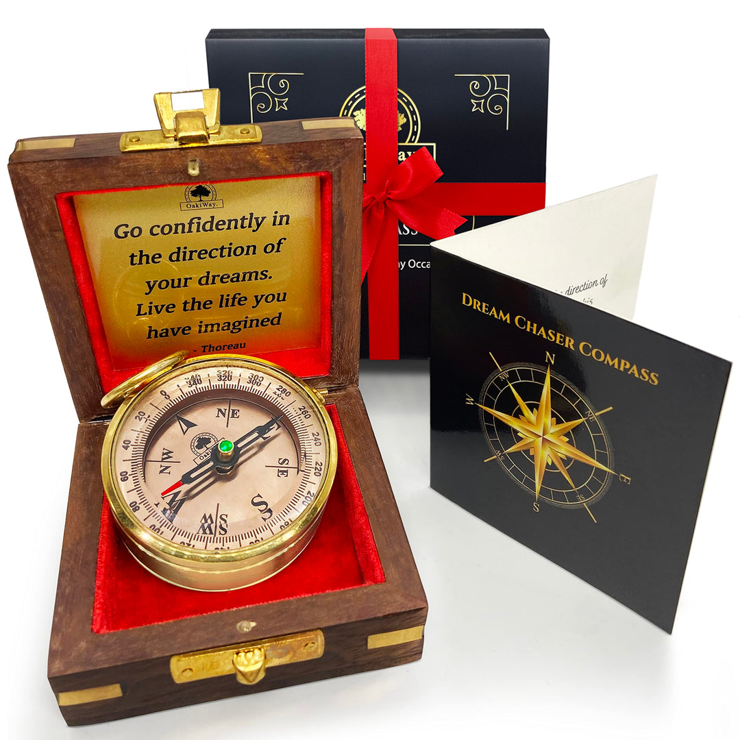 The Dream Chaser Compass in Wooden Box - Graduation Gifts for Him, College, High School, Birthday Gifts for Men, Son, Husband - 2024 Christmas, Inspirational, Motivational- Greeting Card Included
