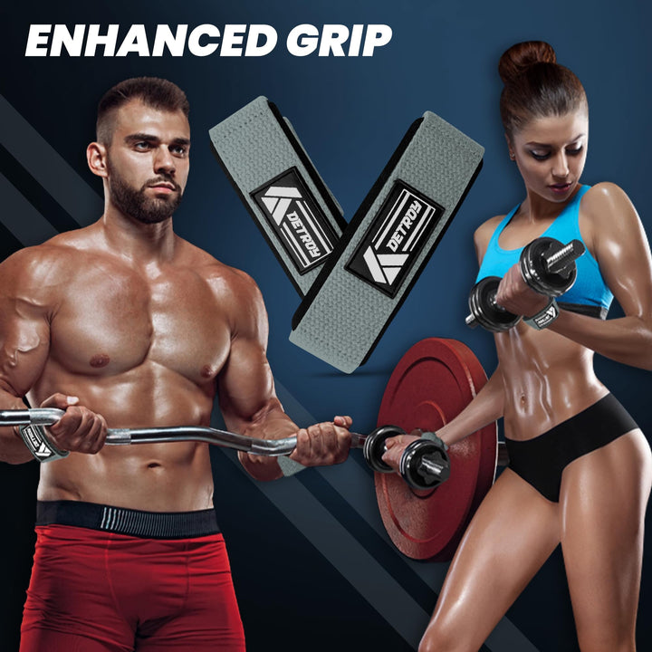 Detroy® Lifting Wrist Straps for Weightlifting, Deadlifts, Bodybuilding, Powerlifting, Gym Strength Training Workouts - Padded Neoprene with 24 inch Webbing Cotton with Silicone Grip for Men & Women (Grey)