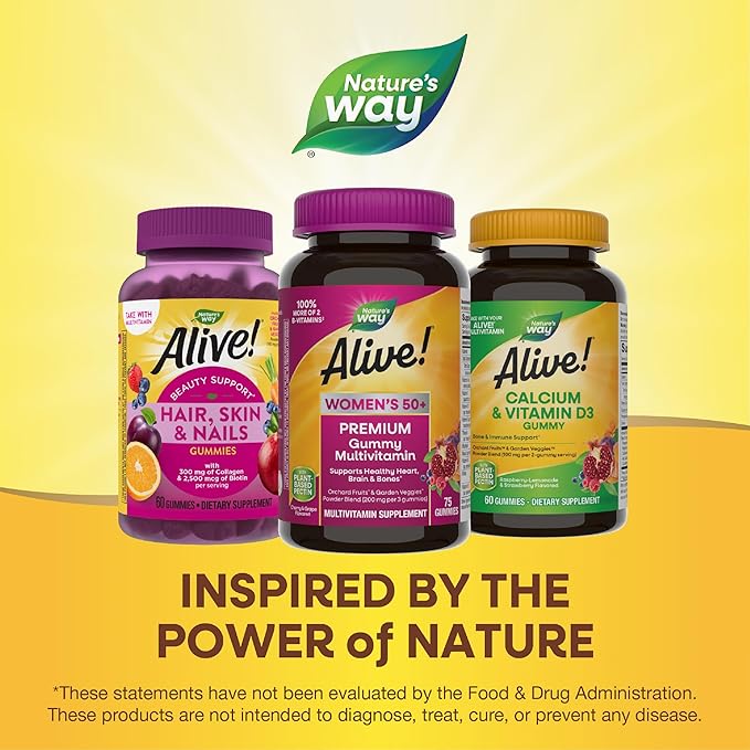 Nature’s Way Alive! Women’s 50+ Premium Gummy Multivitamin, Supports Healthy Heart, Brain & Bones*, B-Vitamins, Gluten-Free, Vegetarian, Grape and Cherry Flavored, 75 Gummies (Packaging May Vary)