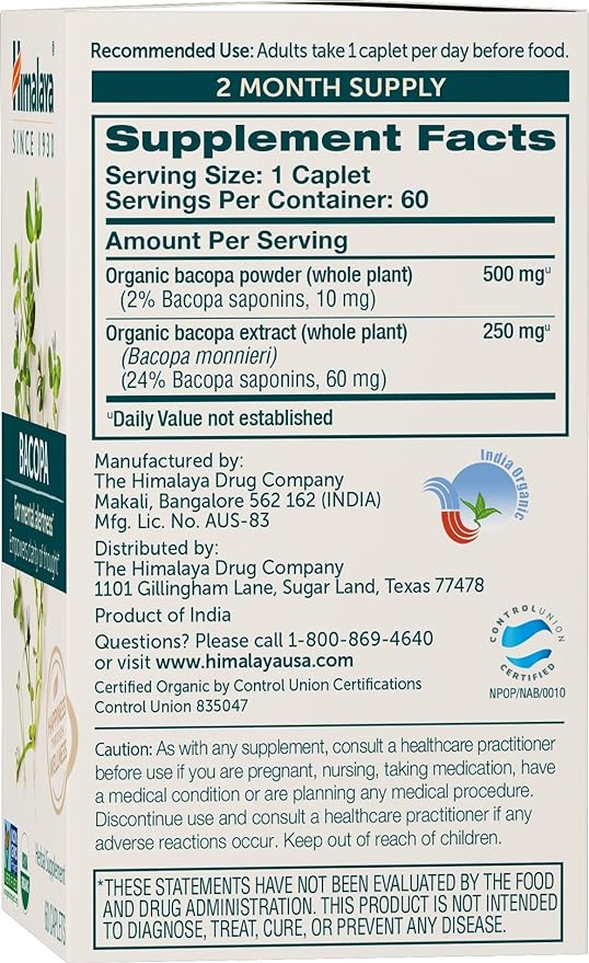 Himalaya Organic Bacopa Monnieri Nootropic Herbal Supplement, Mental Alertness, Supports Calm, Memory, Cognition, USDA Organic, Non-GMO, 750 mg, 60 Plant-Based Caplets, 2 Pack, 120 Day Supply