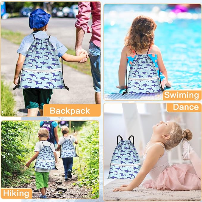 Slohif Drawstring Backpack Beach Swim Bag for Kids Little Sharks Draw String Dance Travel Cinch Ballet Gym Bags for Girls Boys Waterproof Backpack for Swimming Summer Camp Pool Sports Nylon Large