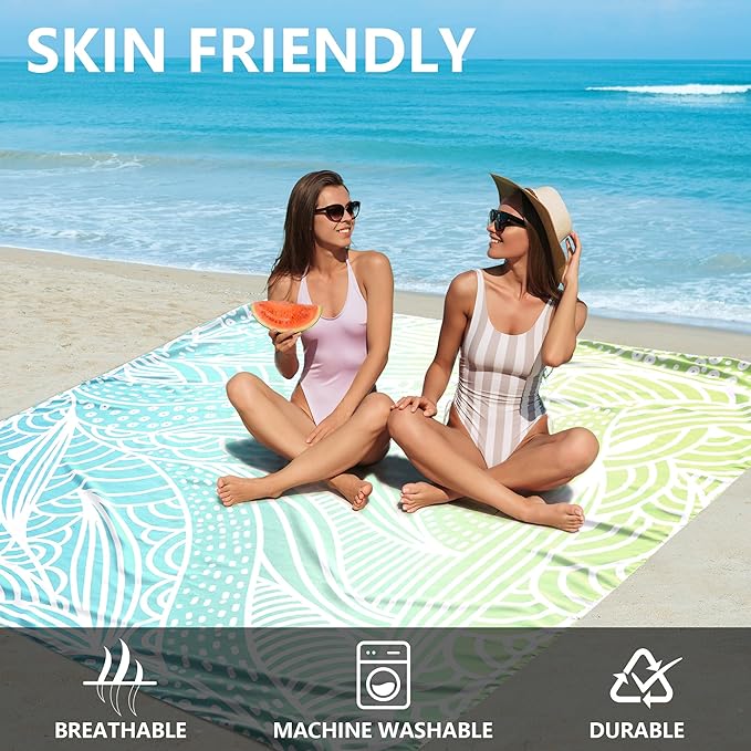 Beach Blanket Waterproof Sandproof Beach Mat 79”x 83” for 1-4 Adults Quick Drying Durable Outdoor Picnic Mat for Beach Festival Travel Camping Hiking (Gradiant BL&GN-Ripple, 79"×83"(4 Person))