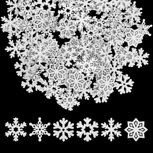 100pcs Mini Snowflake Ornaments, 0.9in Tiny Wooden Snowflakes Christmas Snowflake Decorations Snow Shaped Decors for DIY Craft Xmas Tree Winter Party Home Decoration (White)