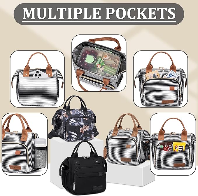 TuErCao Small Lunch Bag Lightweight Insulated Lunch Box for Women Work Portable Soft Cooler for Picnic Travel Road Trips, Loncheras para Mujer, Black