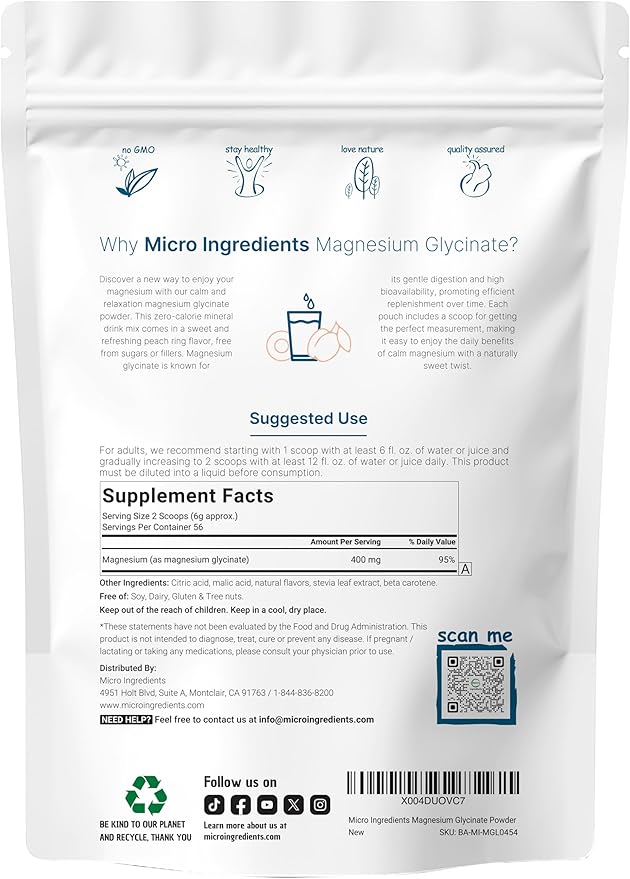 Magnesium Glycinate Powder for Sleep & Relaxation, 12oz (56 Servings) | 400mg of Highly Bioavailable Magnesium Glycinate | Healthy Muscle, Bones & Mood Support - Sweet Peach Ring Flavor, Sugar Free