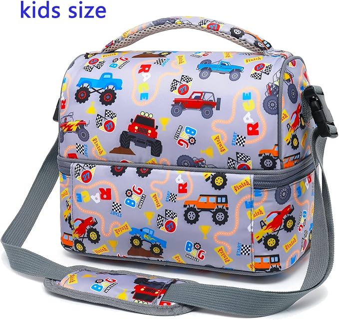FlowFly Double Decker Cooler Insulated Lunch Bag Large Tote for Boys, Girls, Men, Women, With Adjustable Strap (Truck)