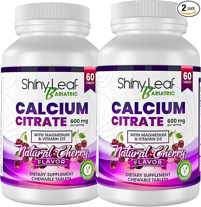 Shiny Leaf Bariatric Calcium Citrate Chews - 600mg, with Vitamin D 3 Plus Magnesium - Chewable Supplements for Women and Men, Bariatric Patients Vitamins for Bone and Joints Health, 120 Count, Cherry