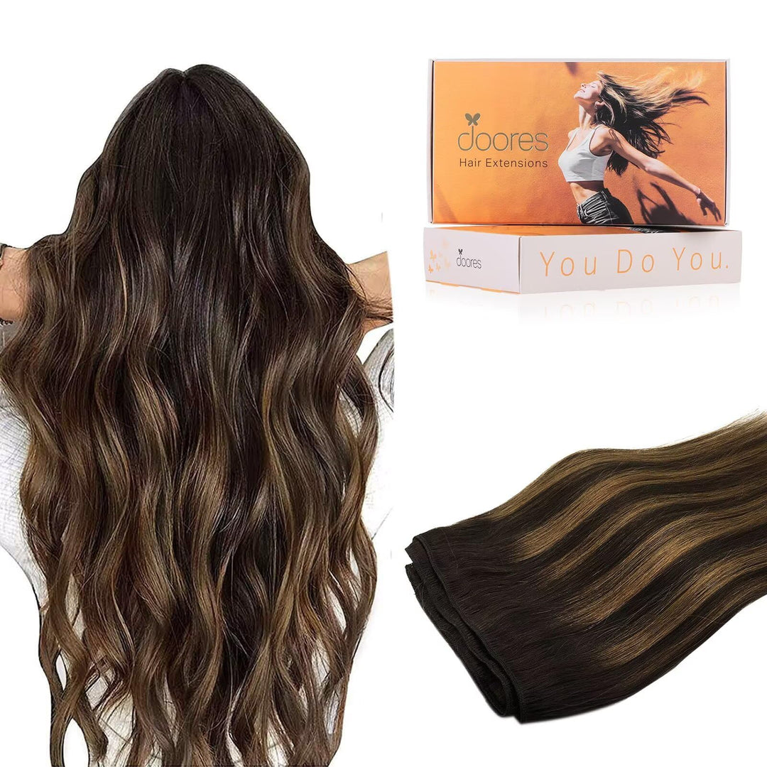 Doores Sew In Hair Extensions Real Human Hair, Balayage Dark Brown To Chestnut Brown 18 Inch 100G, Weft Extensions Natural Strai