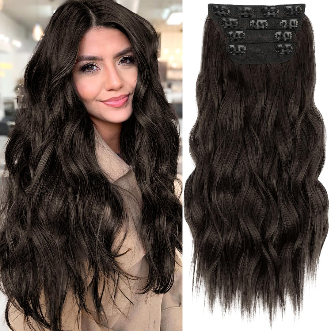 Kookastyle Clip In Long Wavy Synthetic Hair Extension 20 Inch 4Pcs Dark Brown Hairpieces Fiber Thick Double Weft Hair Extension