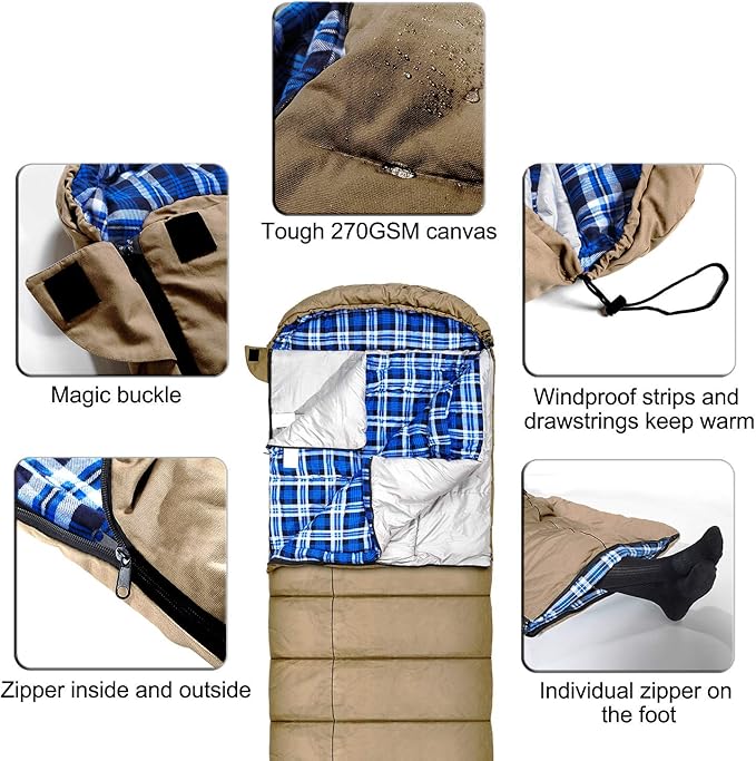 AGEMORE 0 Degree Canvas Sleeping Bag for Fishing, Hunting, Traveling and Camping Particularly in Cold Winter Outdoor with Removable Flannel Liner and Free Compression Sack for Big and Tall Adults
