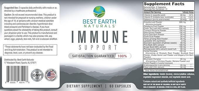 Best Earth Naturals Immune Support Supplement - Multi Vitamins for Adults with Vitamin C 30mg, Vitamin E 30 Iu, Turmeric, Mushroom, Garlic Supplement & More - 60 Capsules