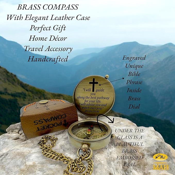 Handmade Religious Compass – “God is with You” Engraved Working Brass Gift – Christian Baptism, Confirmation, Christening or First Communion Keepsake for Boys, Teens & Men – Guided by Faith