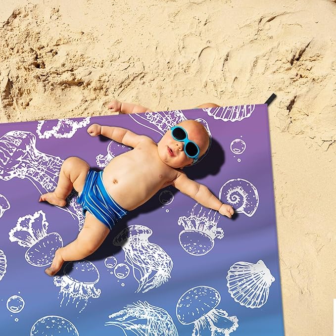 Beach Blanket Waterproof Sandproof Large Beach Mat 83" X 106" for 3-5 Adults Sand Free Mat Quick Drying,Lightweight & Durable with 4 Stakes & 4 Corner Pockets for Beach Camping .(Purple)