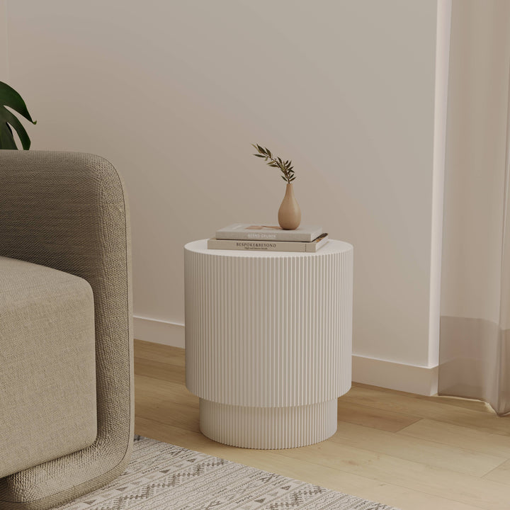 LeisureMod Modern Side Table Round Fiberstone Top Accent End Table for Home, Outdoor Patio, Living Room Sofa, Weather-Resistant, Eden Series in White