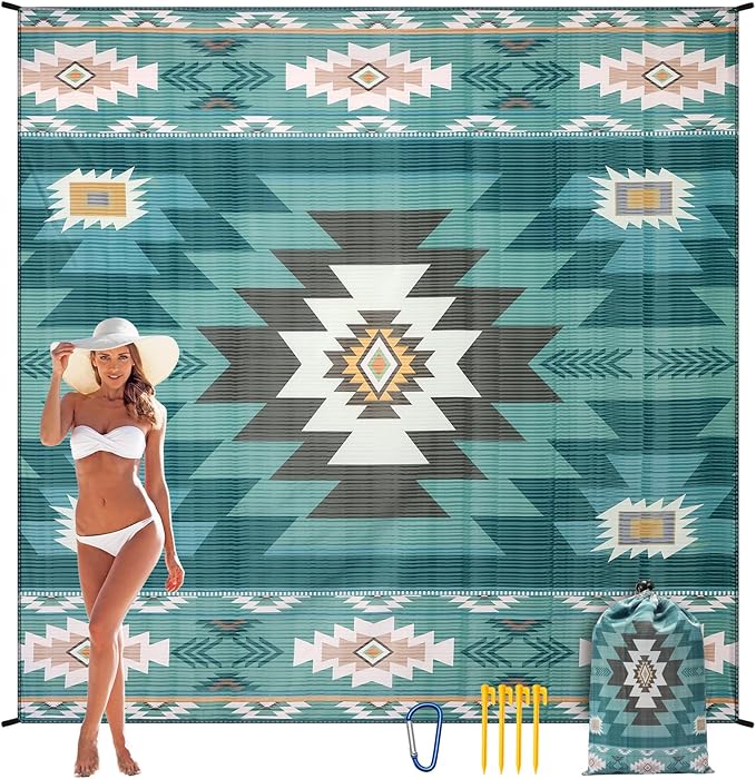 Beach Blanket, Sandproof Beach Mat, Waterproof Quick Drying Lightweight Outdoor Aztec Picnic Mat 79" X 83" for 2-4 Adults with Pocket for Travel, Camping, Hiking