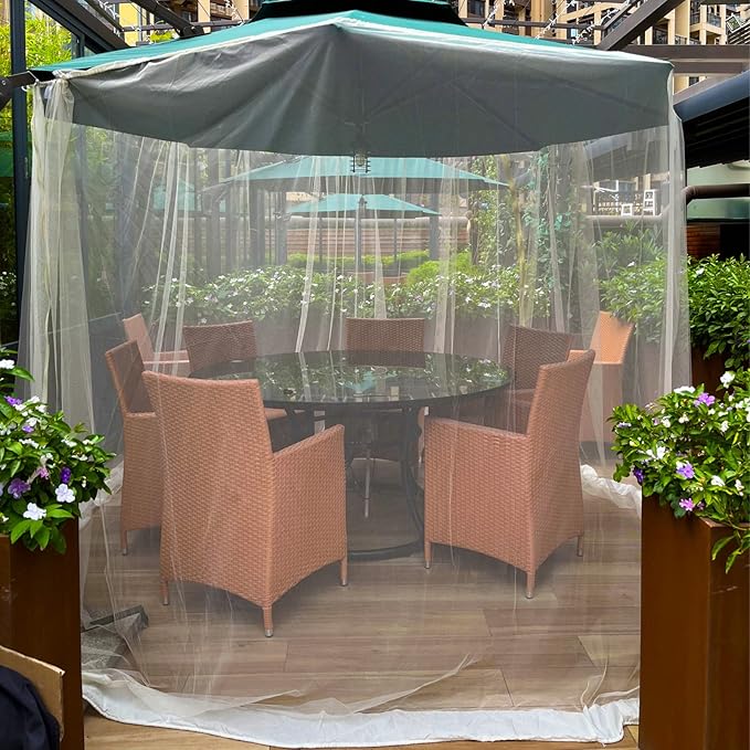 7.5-11ft Beige Patio Umbrella Mosquito Netting, with Double Zipper Door, Polyester Mesh Net Screen Universal for Almost Outdoor Market Table Umbrellas & Cantilever Offset Hanging Umbrella w/Tilt