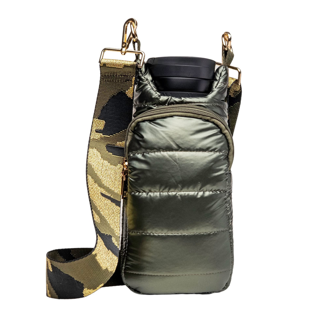 WanderFull Original Crossbody HydroBag | Quilted Water Bottle Carrier | Puffer Tote Tumbler Holder with Pockets for Phone & Accessories | Carry Travel Essentials (Army Green&Gold/Camouflage Strap)