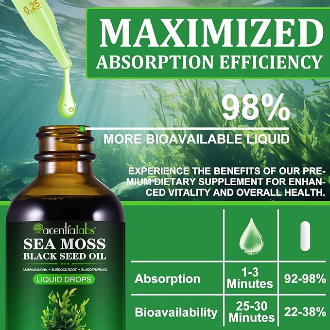 Sea Moss Liquid Drops - Irish Sea Moss with Burdock Root, Black Cumin, Bladderwrack, Ashwagandha - Essential Minerals Seamoss Supplement for Immune, Joint, Digestion, Aging Support