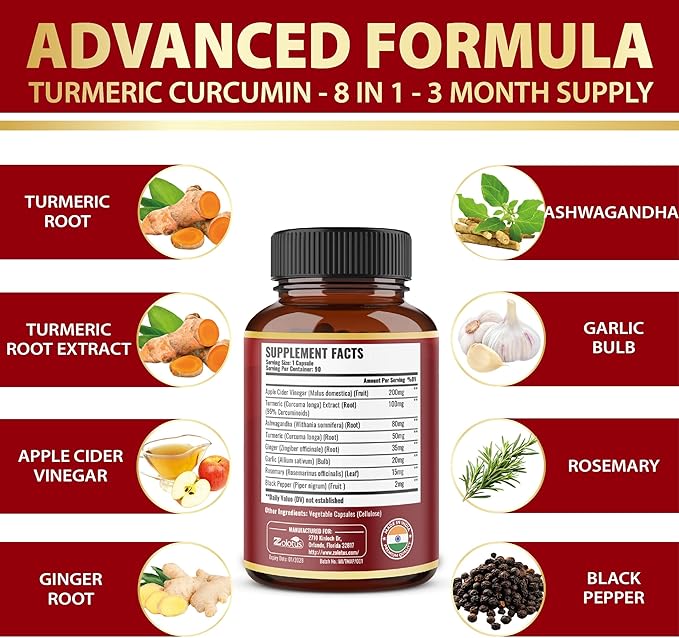 7 in 1 Turmeric Curcumin + Apple Cider Vinegar Capsules, 3 Month Supply with Ashwagandha, Ginger, Garlic Bulb, 95% Standardized Curcuminoids, Joint & Absorption Support