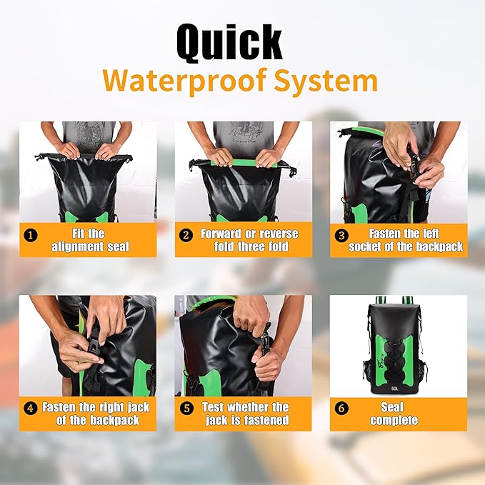 8 Fans Waterproof Backpack 50L,Floating Dry Bag with Phone Case,Roll Top Closure Waterproof Bag for Kayak Boating Sailing Canoeing Rafting Fishing Camping Green