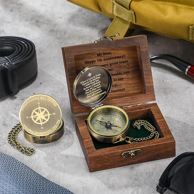 7 Year Anniversary Keepsake Gift for Him Her Engraving Quote Compass with Black Walnut Box 7th Anniversary Wedding Engagement Copper Gifts Couples Gifts for Men Women Husband Wife