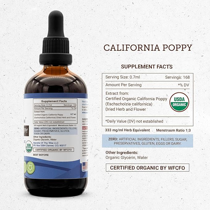 California Poppy USDA Organic Tincture | Alcohol-FREE Extract, High-Potency Herbal Drops | Made from 100% Certified Organic California Poppy (Eschscholzia Californica) Dried Herb and Flower 4 oz